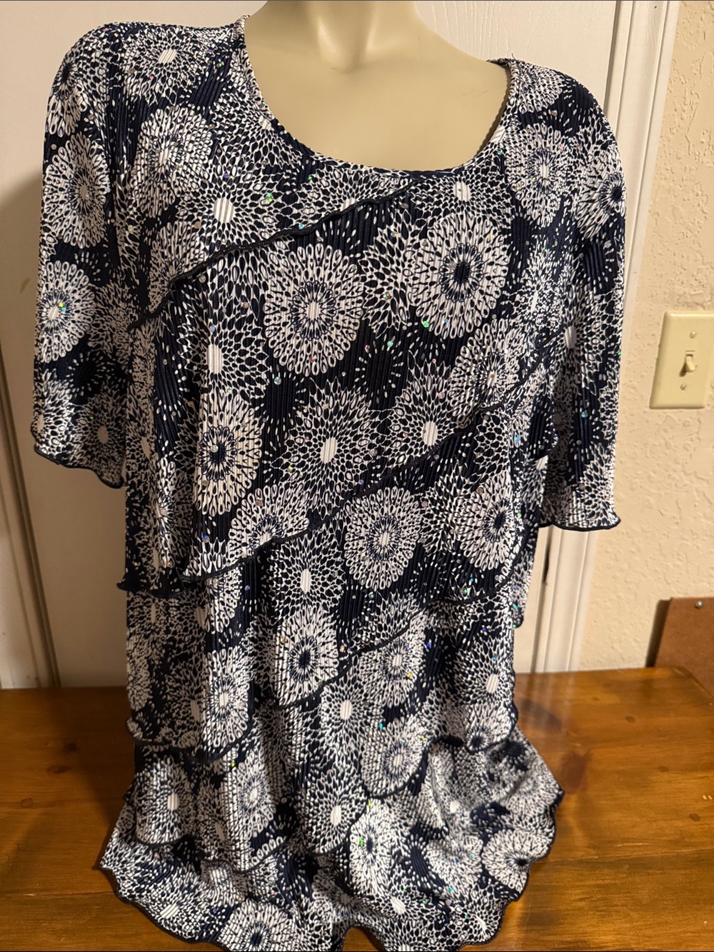 CJ Banks Navy and White Floral Tiered Ruffle Top
